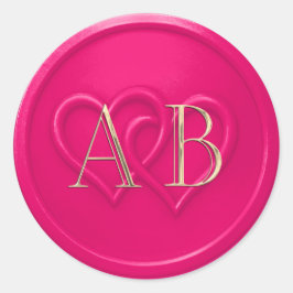 Adesivo Redondo Hot Pink Two Hearts Intertwined Monogram Wedding