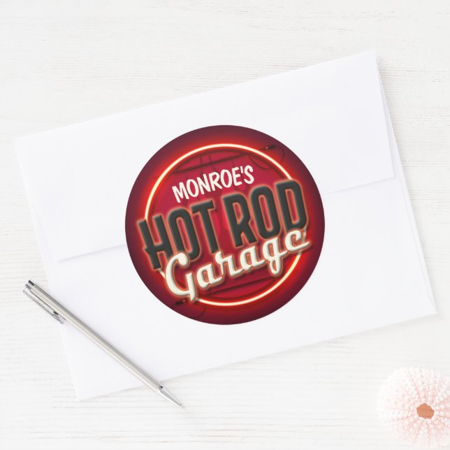 Adesivo Redondo Hot Rod Flames Nome Personalizado Garagem Personal (Envelope)