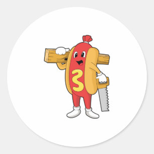 Adesivo Redondo Hotdog como carpinteiro com serra e madeira