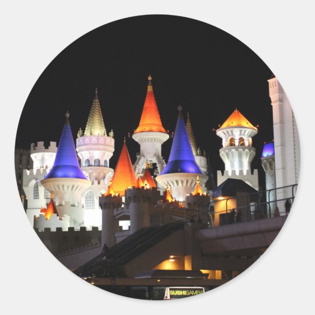 Adesivo Redondo Hotel Castle Las Vegas Jogando Vegas Colorida (Frente)