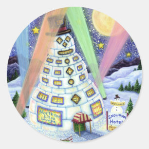 ADESIVO REDONDO HOTEL SNOWMAN ENGRAÇADO, LUZES DE NORTE E PINGUIN