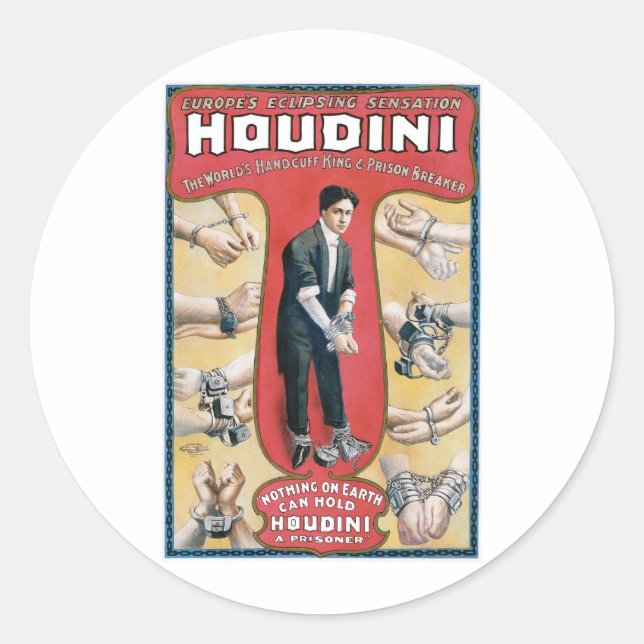 Adesivo Redondo Houdini ~ Vintage Handcuff Escape Artista (Frente)