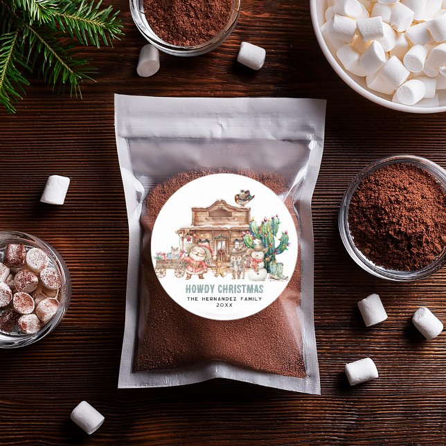 Adesivo Redondo Howdy Christmas | Deserto Ocidental divertido (Criador carregado)