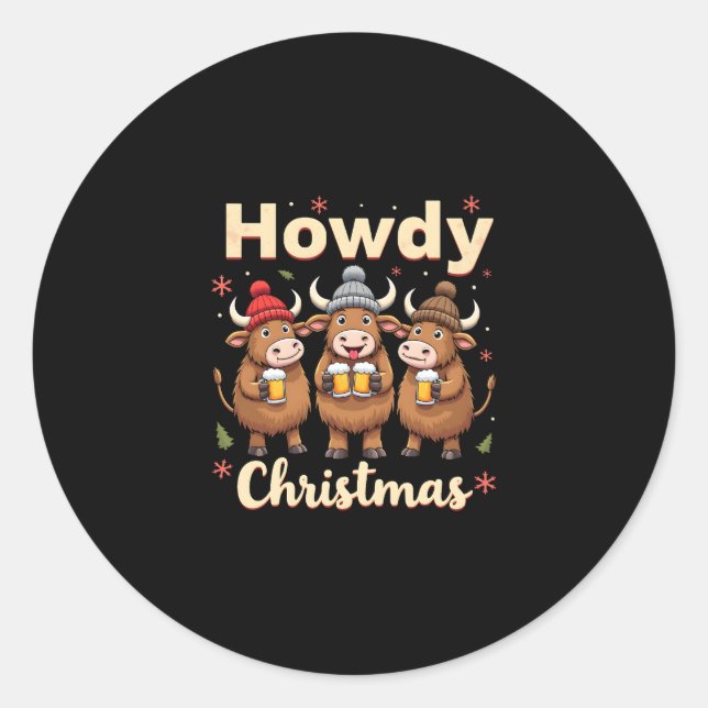 Adesivo Redondo Howdy Christmas Funny Highland Cow Xmas Cows Lover (Frente)