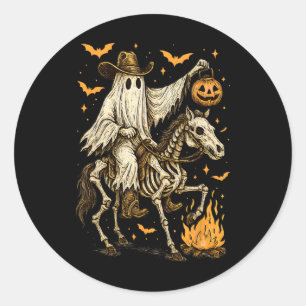 Adesivo Redondo Howdy Cowboy Ghost Pumpkin Andando Skeleton Cavalo