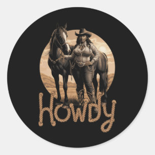 Adesivo Redondo Howdy Western Black Cowgirl Mulher Americana Afric