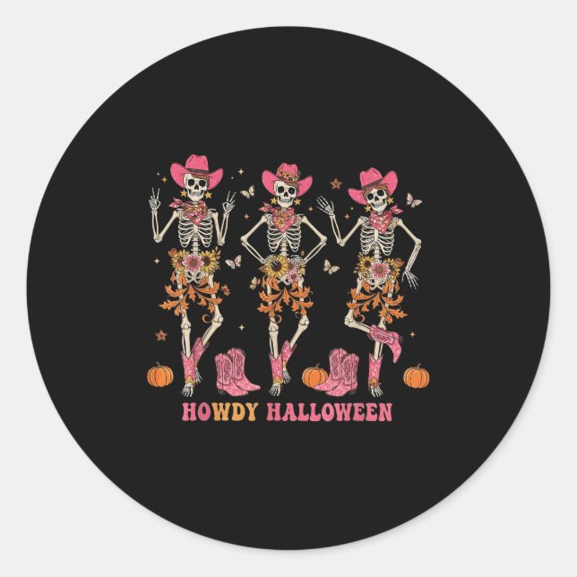 Adesivo Redondo Howdy Western Skeleton Cowgirls Dancing Halloween  (Frente)