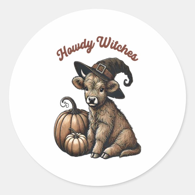 Adesivo Redondo Howdy Witches Halloween Highland Cow (Frente)