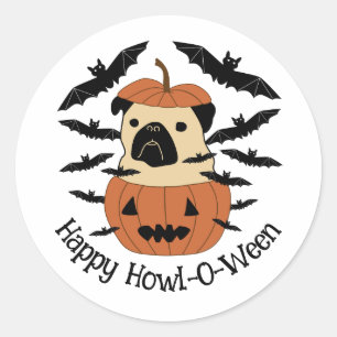 Adesivo Redondo Howl-O-Ween Pug num Jack-O-Lanterna com Bats