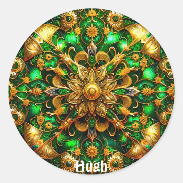 Adesivo Redondo HUGH ~ Verde brilhante e Dourado Natal ~ (Frente)