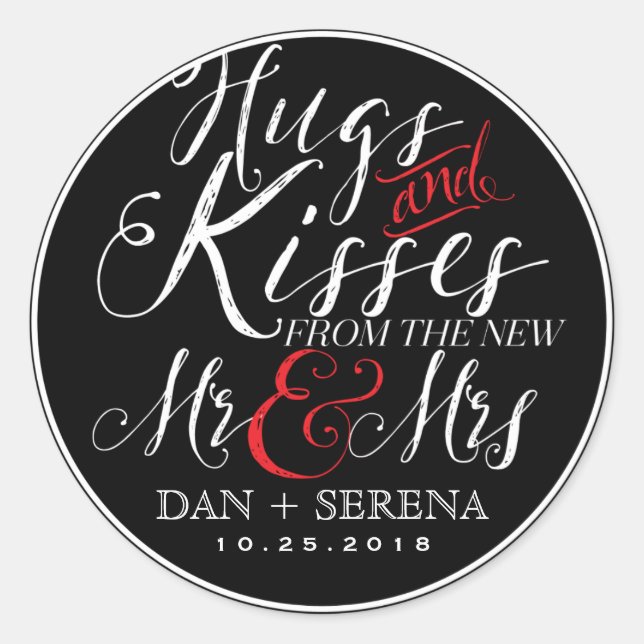 Adesivo Redondo Hugs Kisses New Mr e Mrs Wedding Favor Sticker (Frente)