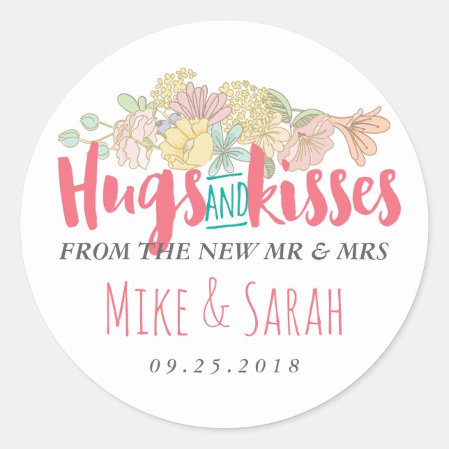 Adesivo Redondo Hugs Kisses Sr. Floral Wreath Wedding Sticker (Frente)