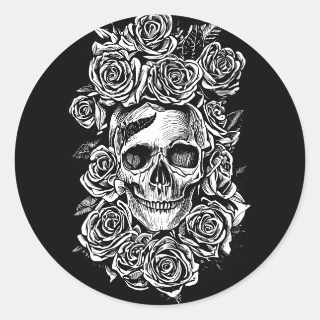 Adesivo Redondo Human Skull Roses Goth Biker Art Illustration  (Frente)