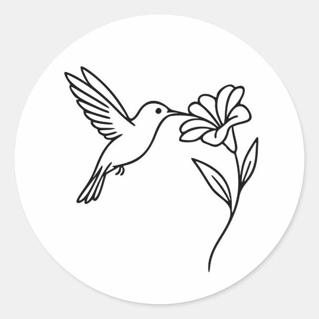 Adesivo Redondo Hummingbird and Flower – Minimalist Black Line Art (Frente)