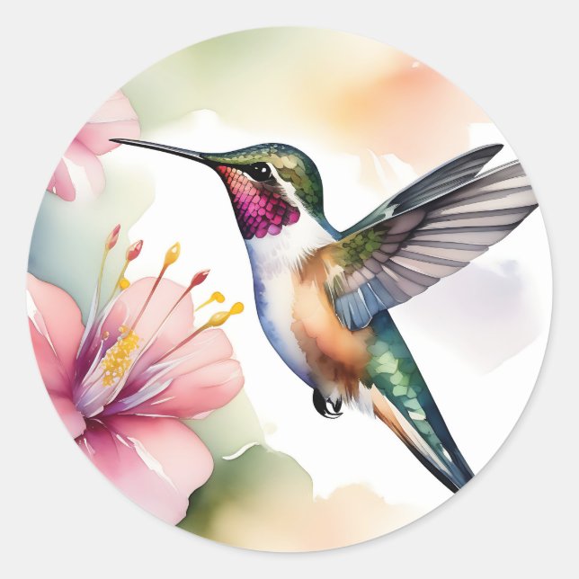 Adesivo Redondo Hummingbird Com Flores Rosa (Frente)