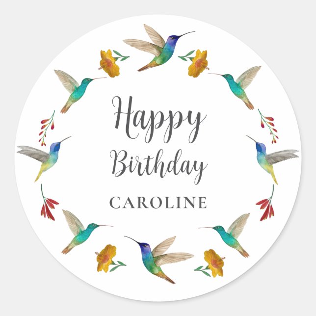 Adesivo Redondo Hummingbird Custom Birthday Sticker (Frente)