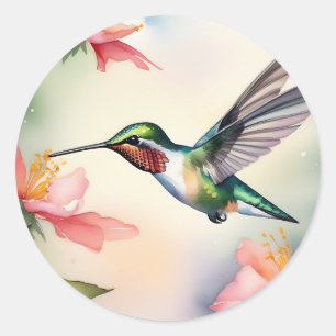 Adesivo Redondo Hummingbird E Flores Aquarela
