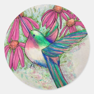Adesivo Redondo Hummingbird Pink Coneflowers Watercolor