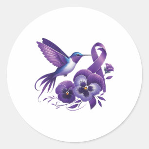 Adesivo Redondo Hummingbird Segurando Pansões Roxos Friso Heimer A