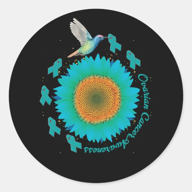 Adesivo Redondo Hummingbird Sunflower Teal Ribbon Ovarian Cancer (Frente)