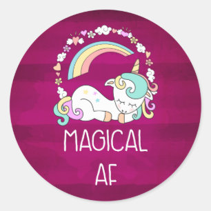 Adesivo Redondo Humor Unicorn Magical AF em padrão vermelho escuro