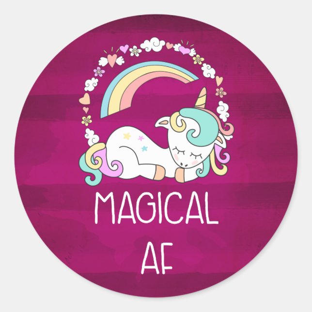 Adesivo Redondo Humor Unicorn Magical AF em padrão vermelho escuro (Frente)