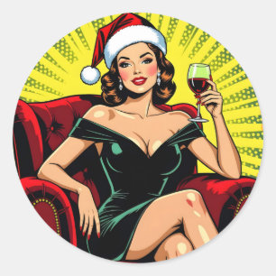 Adesivo Redondo Humor Vinho Arte Pop Retro Natal