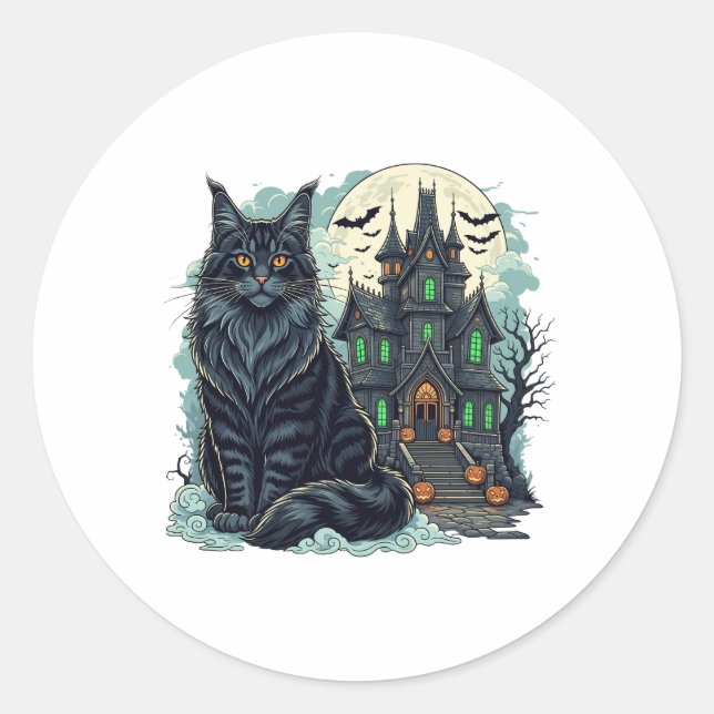 Adesivo Redondo Hunit House Watcher - Maine Coon Halloween (Frente)