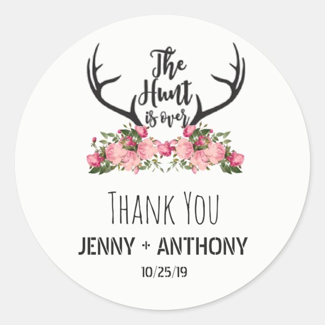 Adesivo Redondo Hunt está por cima do Rustic Antler Floral Obrigad (Frente)