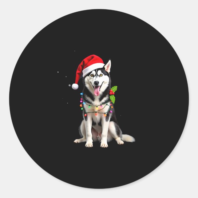 Adesivo Redondo Husky Dog Santa Hat Christmas Tree Xmas Gifts For  (Frente)