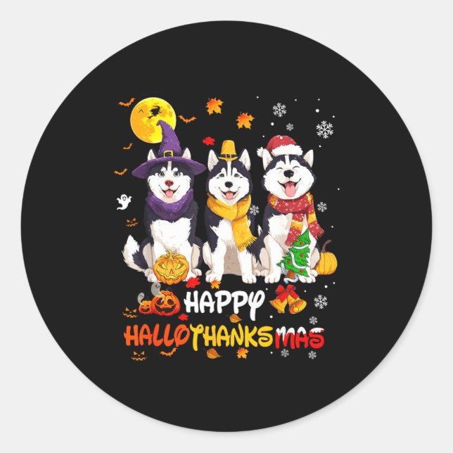 Adesivo Redondo Husky Happy Hallothanksmas Dog Lover Christmas  (Frente)