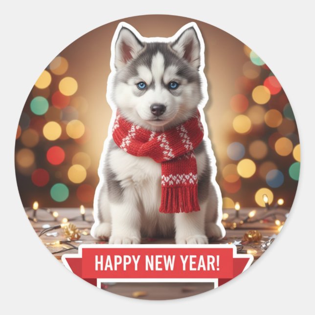 Adesivo Redondo Husky Puppy Festive Scarf Sticker (Frente)