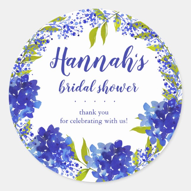Adesivo Redondo Hydrangea Azul Personalizada Obrigado Bridal Showe (Frente)