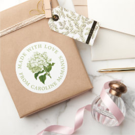 Adesivo Redondo Hydrangea branca e verde feita com amor