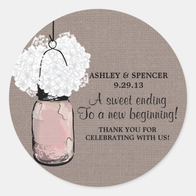 Adesivo Redondo Hydrangea e Rustic Mason Jar (Frente)