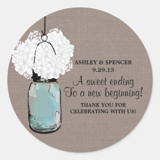 Adesivo Redondo Hydrangea e Rustic Mason Jar (Frente)