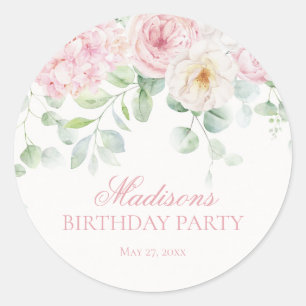 Adesivo Redondo Hydrangea Floral Rosa Blooms Aniversário Convide S