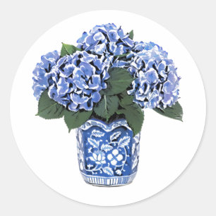 Adesivo Redondo Hydrangeas azuis em um pote cerâmico floral
