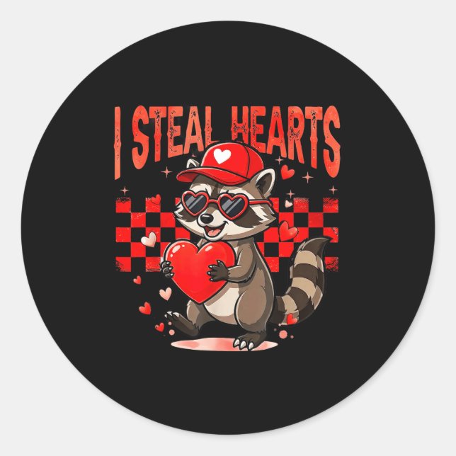 Adesivo Redondo I Steal Hearts Design Raccoon Valentine Day Retro  (Frente)