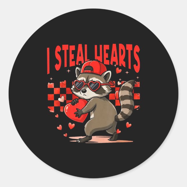 Adesivo Redondo I Steal Hearts Design Raccoon Valentine Day Retro  (Frente)