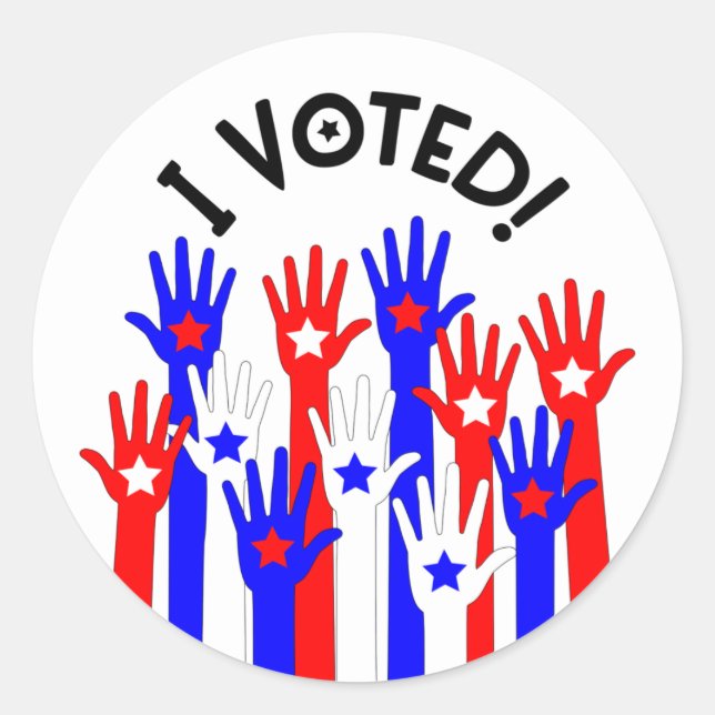 Adesivo Redondo I voted! Red white blue stars voting hands (Frente)