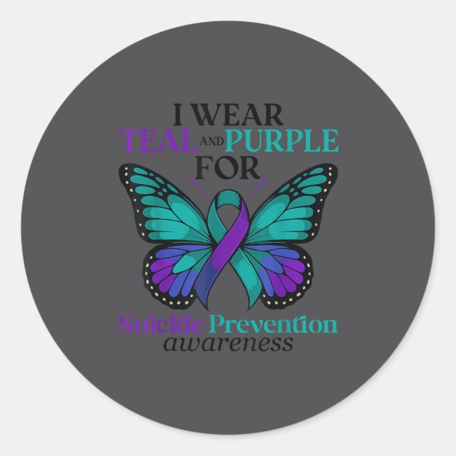 Adesivo Redondo I Wear Teal &amp; Purple Butterfly Suicide Prevent (Frente)