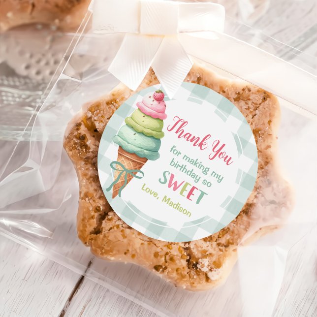 Adesivo Redondo Ice Cream Blue Bow Gingham Birthday Party (Criador carregado)