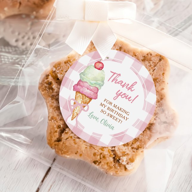 Adesivo Redondo Ice Cream Pink Bow Gingham Birthday Party (Criador carregado)