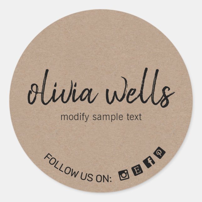 Adesivo Redondo Ícone de Mídia Social do Kraft Script Font (Frente)