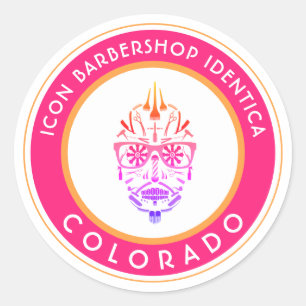 Adesivo Redondo ícones clássicos do crânio de açúcar da barbearia 