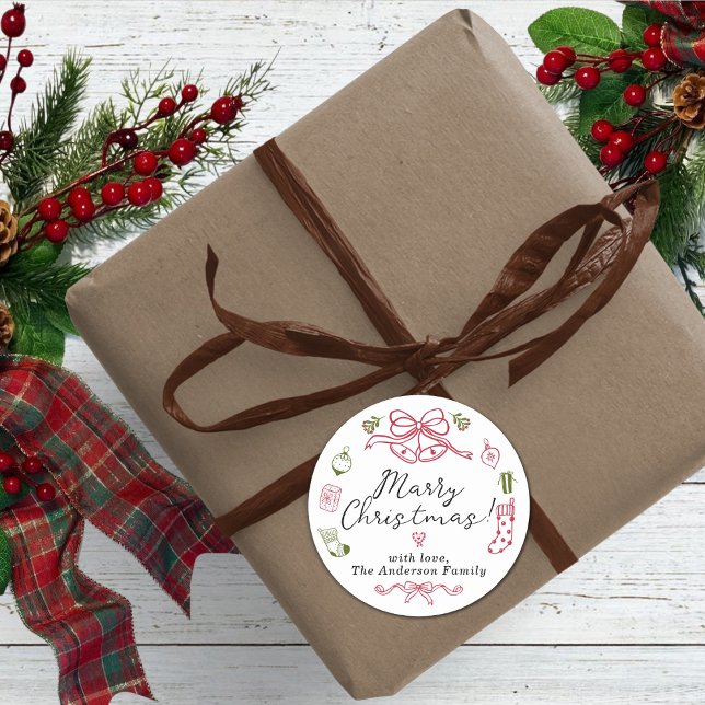 Adesivo Redondo Ícones de feriado Whimsical com Design verde verme (Merry Christmas Red and Green Doodles Classic Round Sticker)