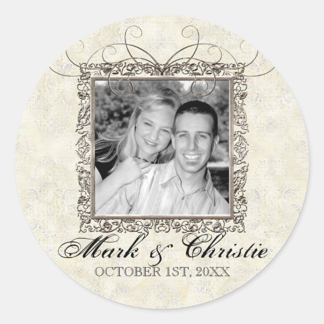 Adesivo Redondo Idade da Prata da Elegância, Vinhetas de Casamento (Frente)