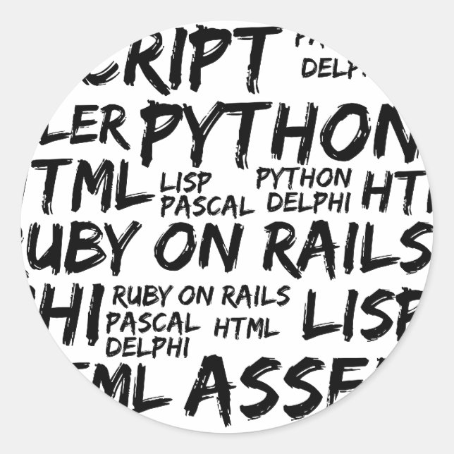 Adesivo Redondo Idiomas de programação, idiomas do computador, cód (Frente)