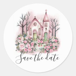 Adesivo Redondo igreja cor-de-rosa floral aquarela save the date